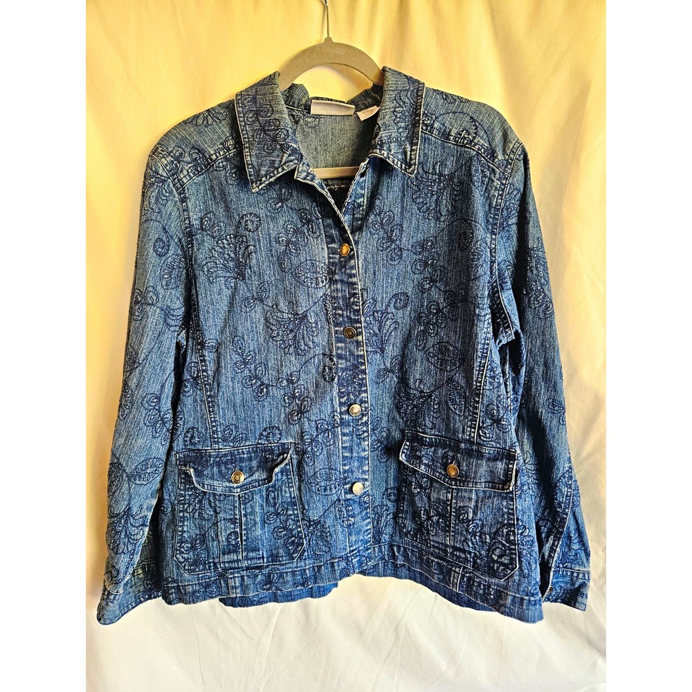 Alfred Dunner Womens 14P Petite Blue Floral Button Front Short Jacket Pockets